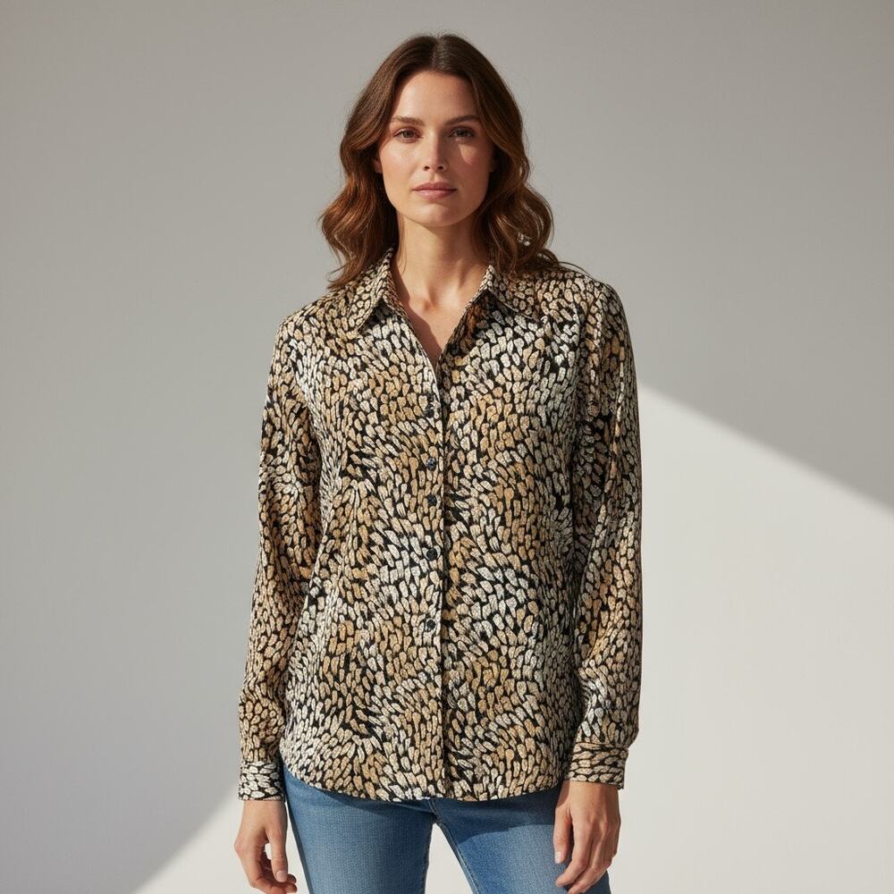 Liz Baker Women's 12 Black & Brown Brushstroke Satin Button Up Blouse Career